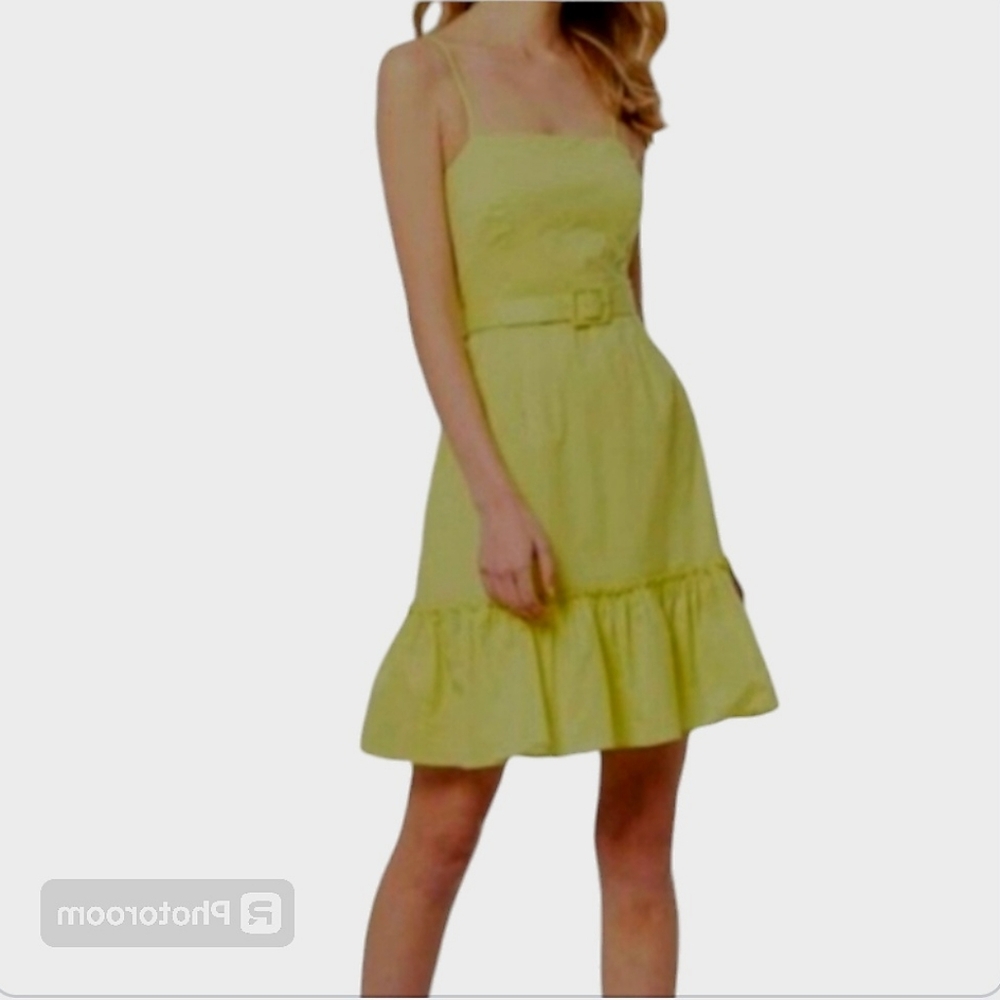 NWT Gianni Bini Cali Square Neck Belted Ruffle Mini Dress Lemon Yellow 10